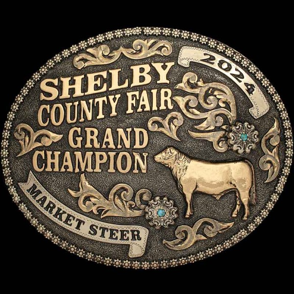 The Alexandria Custom Belt Buckle features a traditional Western style crafted on an oval German Silver base with our matted finish and a berry edge. Customize this buckle design today!